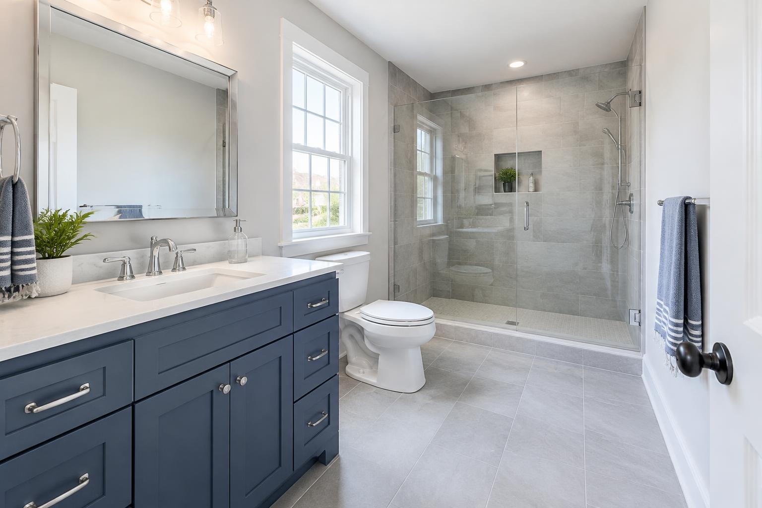 Illustrative bathroom with blue vanity and walk-in shower